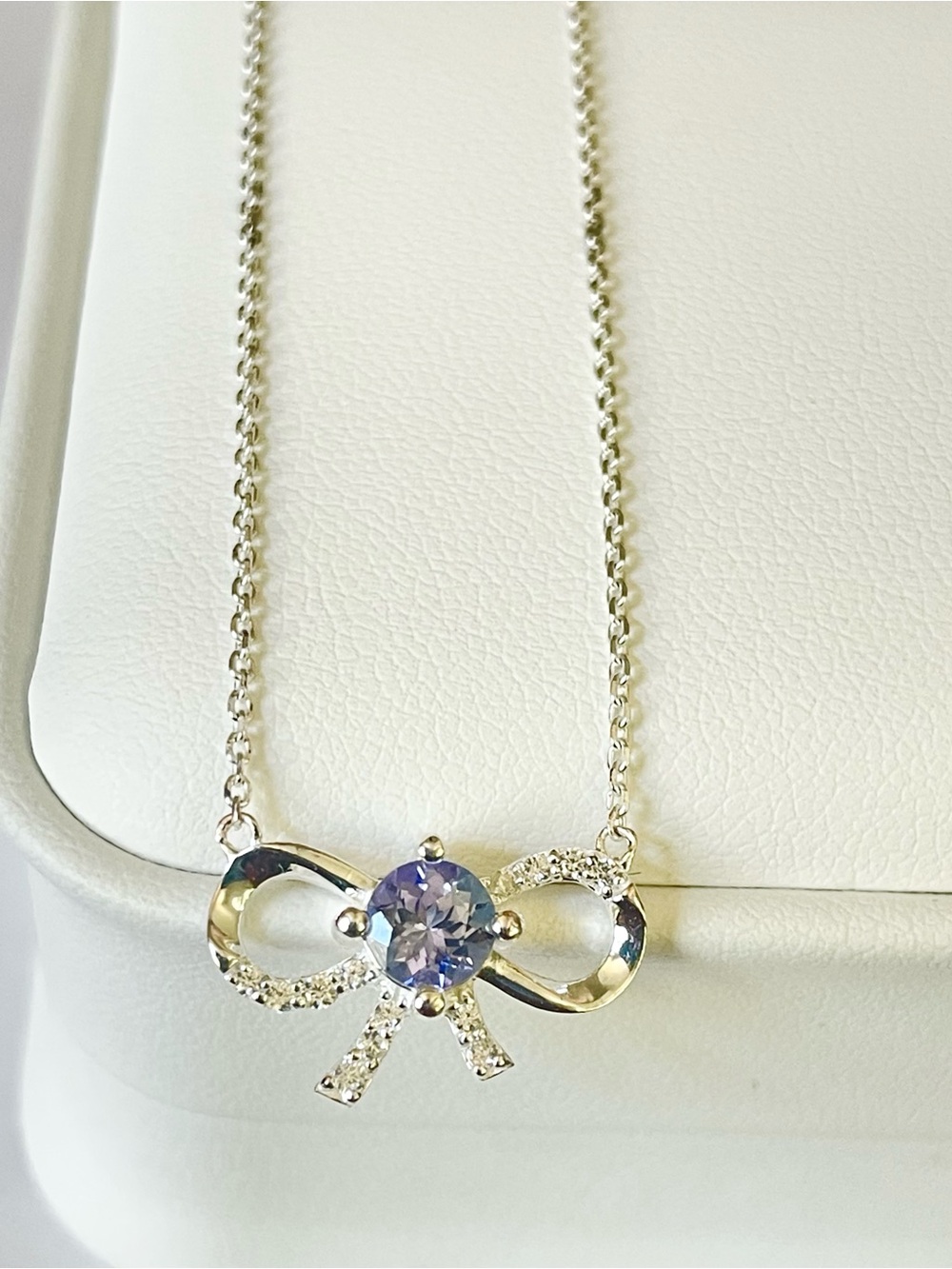 Natural Tanzanite Bow Necklace, 925 Sterling Silver Delicate White Topaz!!